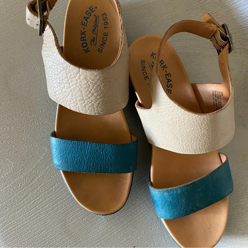 Kork-Ease leather wedge teal blue platform strap buckle sandals 8m